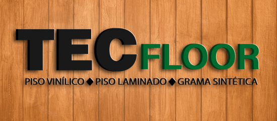 Logotipo da Tecfloor empresa especialista em Piso Vinílico, Laminados e Grama Sintética em Palmas Tocantins com fundo de textura amadeirada.